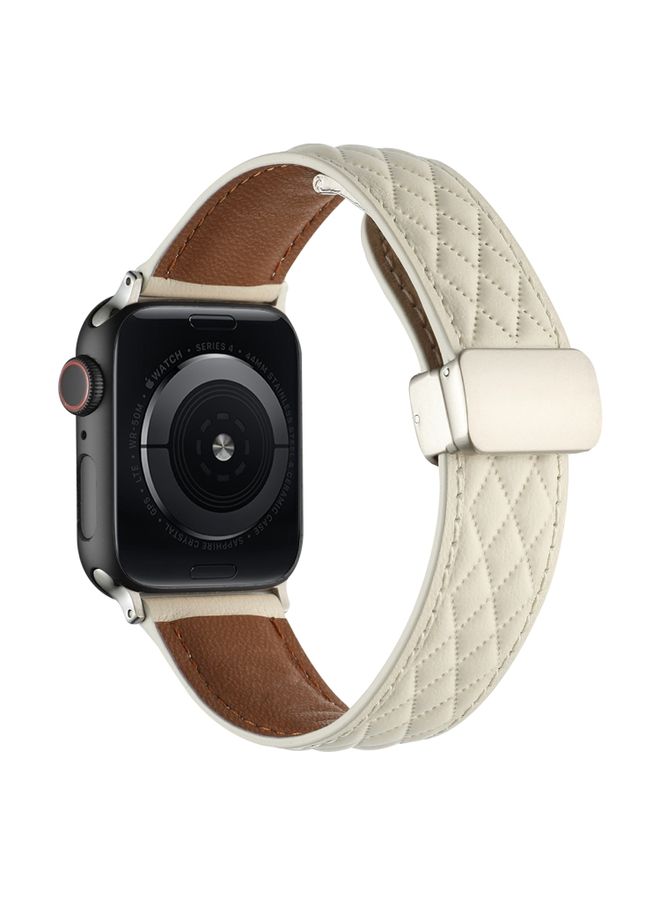 Replacement Strap For Apple Watch Series 9 45mm Rhombus Pattern Magnetic Folding Buckle Leather Watch Band Creamy White