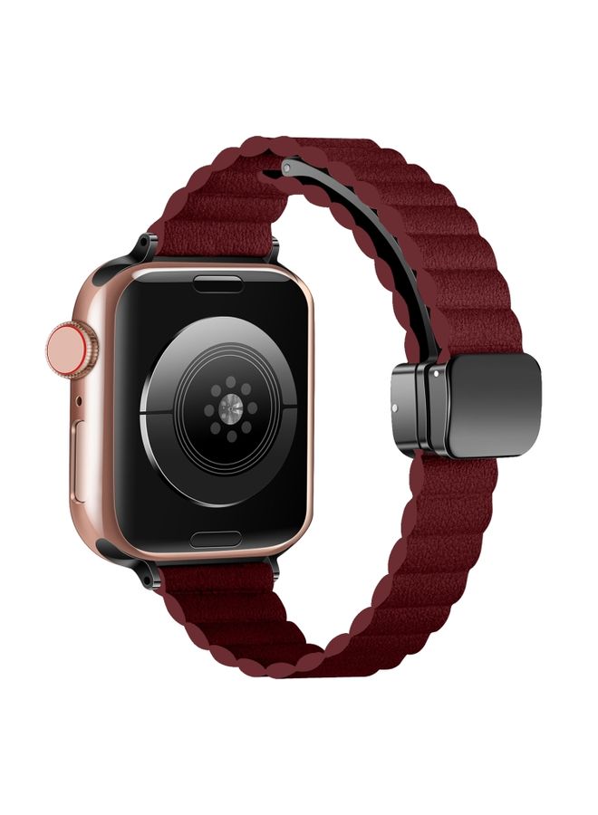Replacement Strap For Apple Watch 42mm Water Ripple Magnetic Folding Buckle Watch Band, Style: Thin Version Wine Red