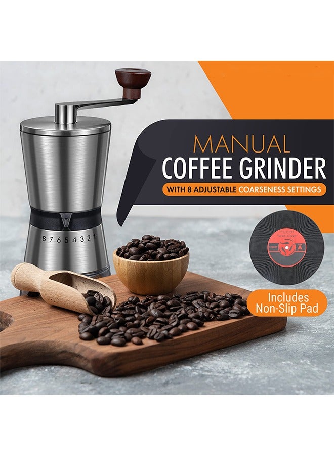 Manual Coffee Grinder with 8 Adjustable Coarseness Settings, Hand Crank Coffee Mill with Ceramic Burr for Espresso Beans, French Press, Pour Over, Drip Coffee – Rustproof, Non-Dulling
