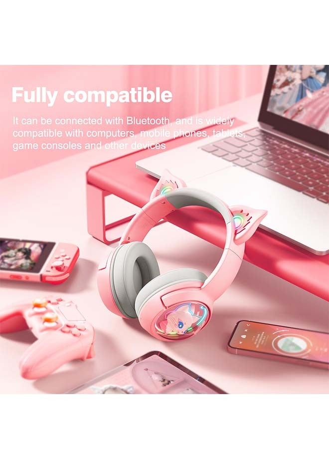 Cute Cat Bluetooth Headphones, Wireless & Wired Mode Headset with Mic, RGB LED Light, for Girls Women School Gaming, Compatible with Mobile Phones Tablet