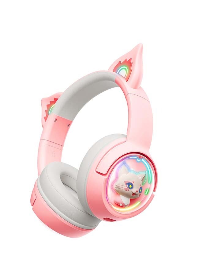 Cute Cat Bluetooth Headphones, Wireless & Wired Mode Headset with Mic, RGB LED Light, for Girls Women School Gaming, Compatible with Mobile Phones Tablet