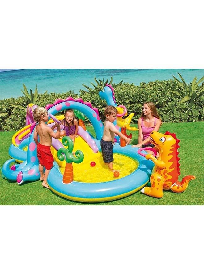 Intex 11ft x 7.5ft x 44in Dinoland Backyard Play Center Kiddie Inflatable Swimming Pool with Slide, Dino Arch Water Sprayer and Games for Ages 2 and Up