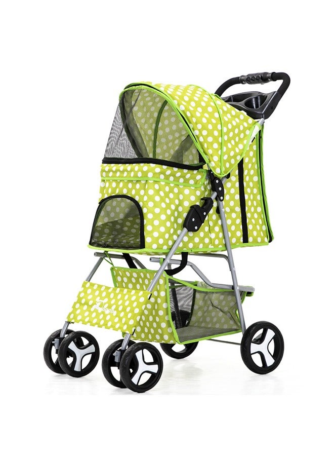 Pet Stroller for Medium Small Dogs and Cats, Folding Puppy Stroller Dog Cat Cage Jogger Stroller with Cup Holder and Storage Basket, 4 Wheels, Polka Green