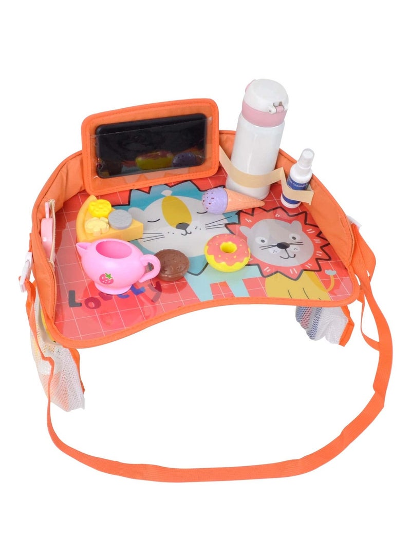 Kids Travel Tray Car Seat Activity and Play Tray Organizer for Children and Toddlers Lap Desk with Tablet Phone Holder Waterproof and Foldable - Orange