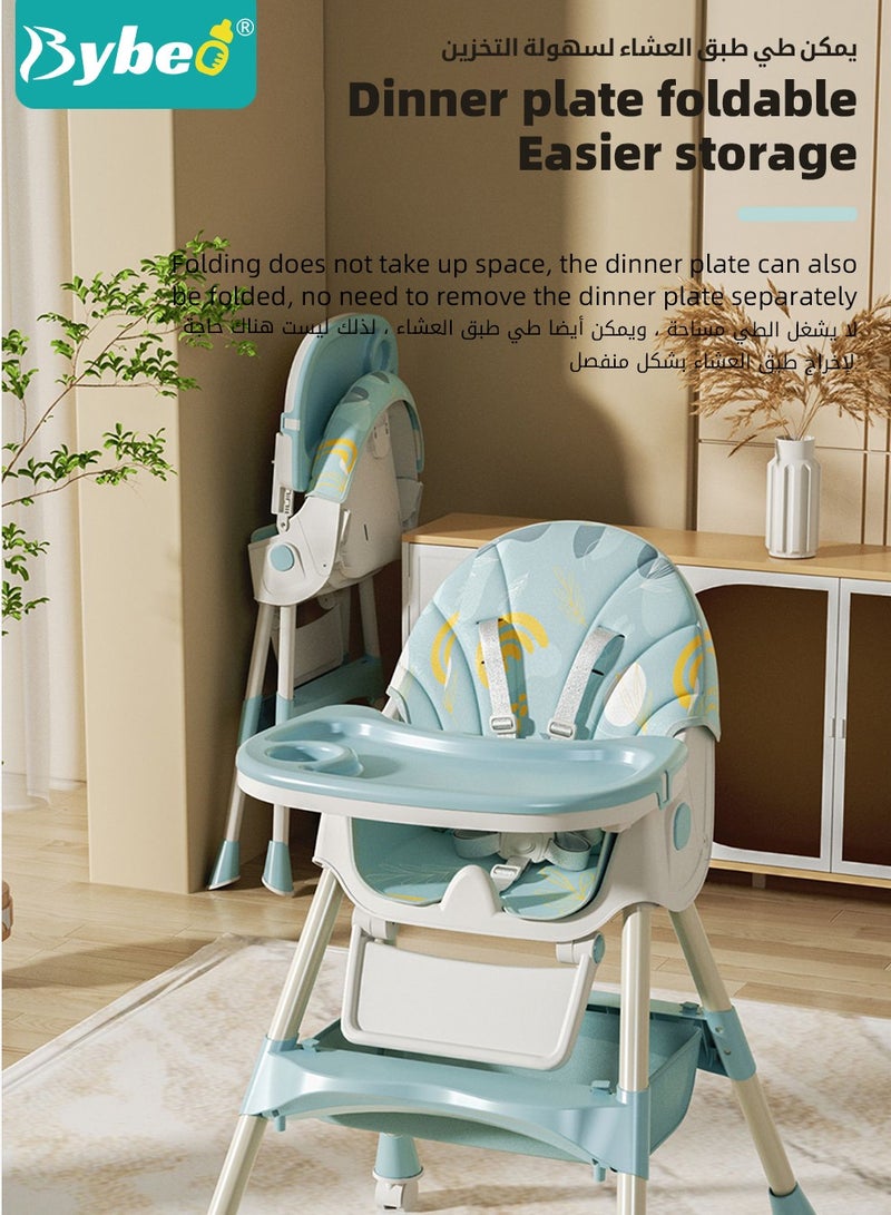 Baby High Chair for Toddlers, Foldable Children Highchairs, Kids Dining Chair, Infant Feeding Booster Seat, Babies Rocker with Footrest, Backrest, 4 Wheels and Removable Tray