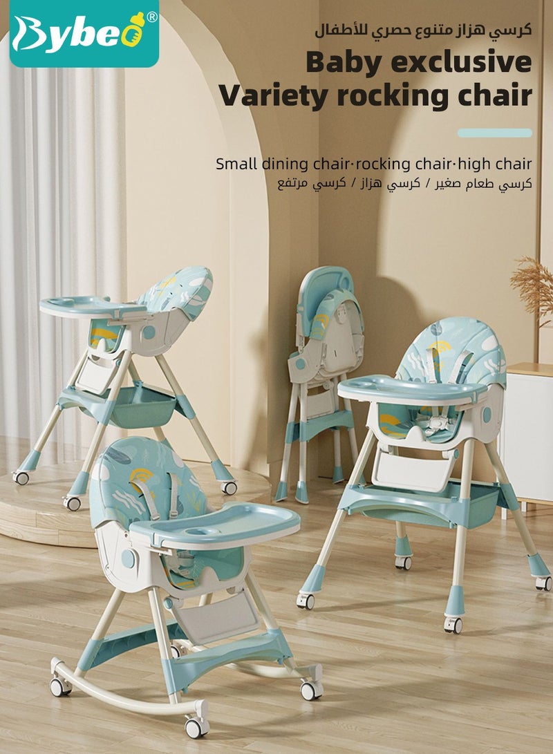 Baby High Chair for Toddlers, Foldable Children Highchairs, Kids Dining Chair, Infant Feeding Booster Seat, Babies Rocker with Footrest, Backrest, 4 Wheels and Removable Tray