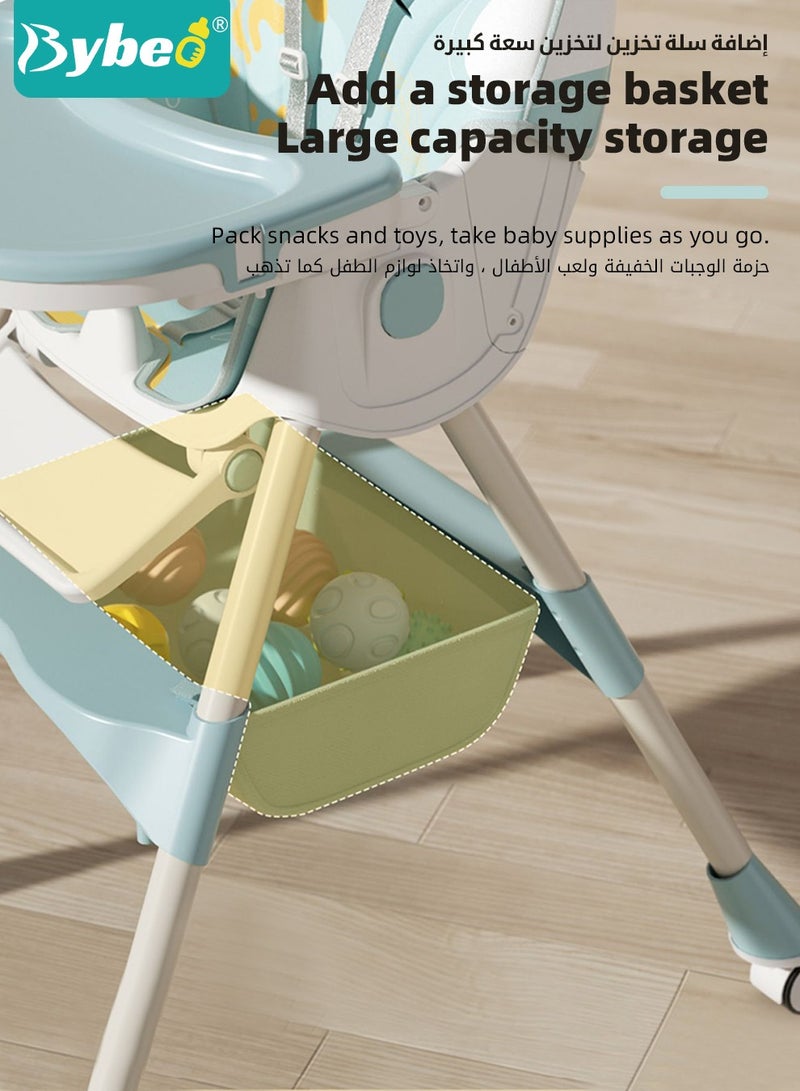 Baby High Chair for Toddlers, Foldable Children Highchairs, Kids Dining Chair, Infant Feeding Booster Seat, Babies Rocker with Footrest, Backrest, 4 Wheels and Removable Tray