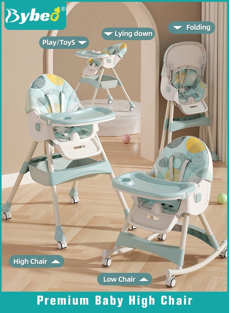 Baby High Chair for Toddlers, Foldable Children Highchairs, Kids Dining Chair, Infant Feeding Booster Seat, Babies Rocker with Footrest, Backrest, 4 Wheels and Removable Tray