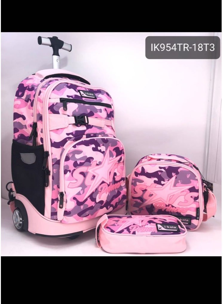 MYK Pink and Black Big Wheel School Trolley For Kids 18 Inch Include Lunch Bag And Pencil Pouch