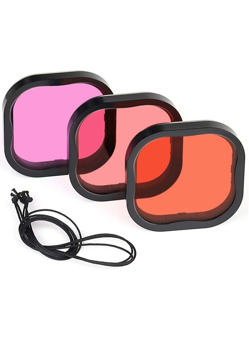 3-Pack Dive Filters for GoPro Hero 8 9 10 11 12 Official Waterproof Housing Case (Red, Light Red, Magenta Filters) - Color Correction in Deep Diving/Scuba Snorkeling/Underwater Photography