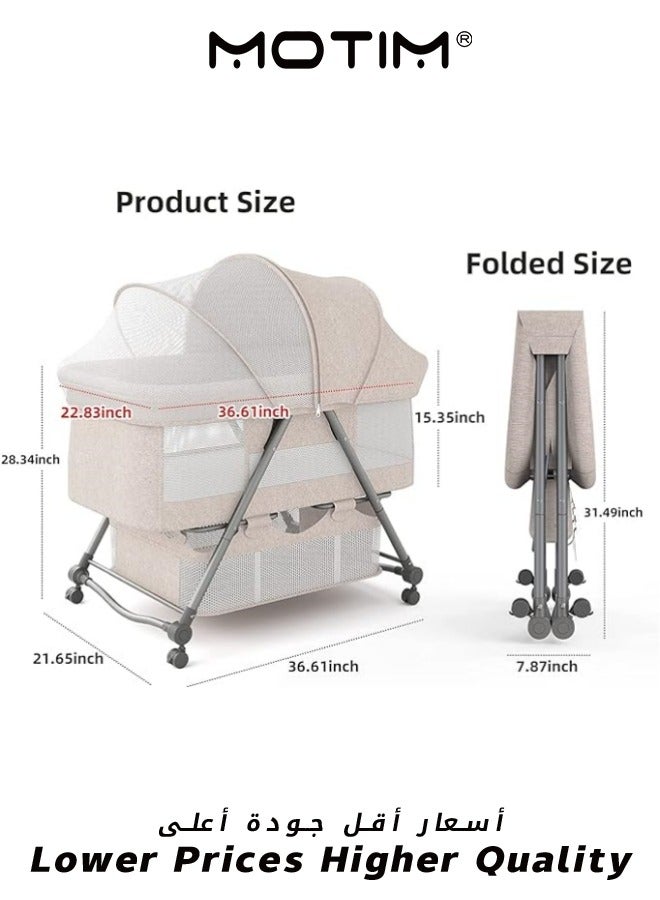 2 in 1 Portable Movable Crib Foldable Baby Bassinet with Mosquito Shade Net Storage Basket and Memory Foam Mattress Khaki