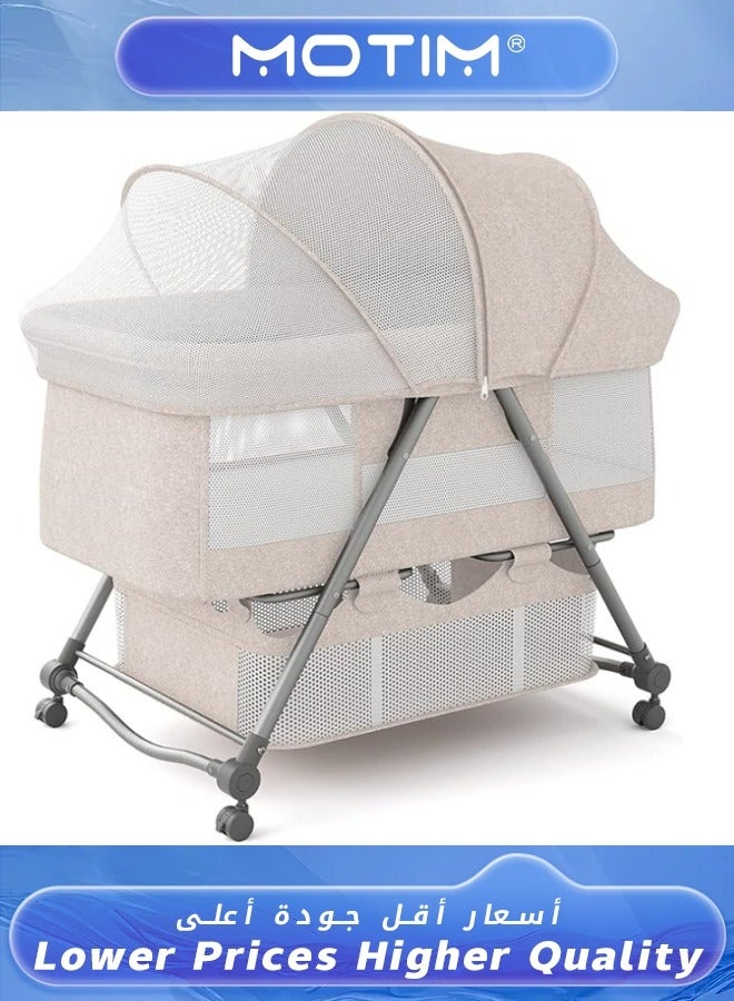 2 in 1 Portable Movable Crib Foldable Baby Bassinet with Mosquito Shade Net Storage Basket and Memory Foam Mattress Khaki