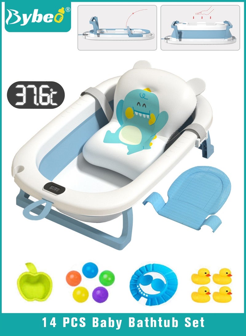 14 PCS Baby Bath Tub Foldable Bathtub With Temperature Sensing + Bathmat Cushion + Bath Net + Shower Cap + Washing Hair Shower Shampoo Cup *1 + Duckling toys *4 + Ocean Balls *5