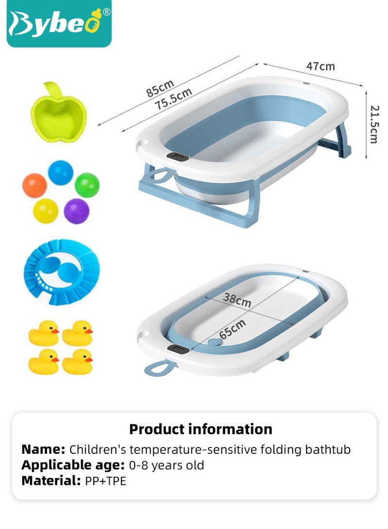14 PCS Baby Bath Tub Foldable Bathtub With Temperature Sensing + Bathmat Cushion + Bath Net + Shower Cap + Washing Hair Shower Shampoo Cup *1 + Duckling toys *4 + Ocean Balls *5
