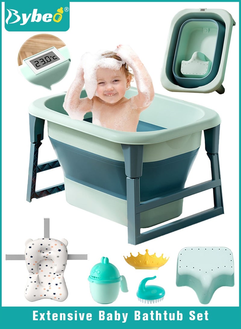 Foldable Baby Bath Tub  With Temperature Sensing + Heightened Bath Stool + Bathmat Cushion + Shower Cap + Shampoo Cup + Washing Hair brush