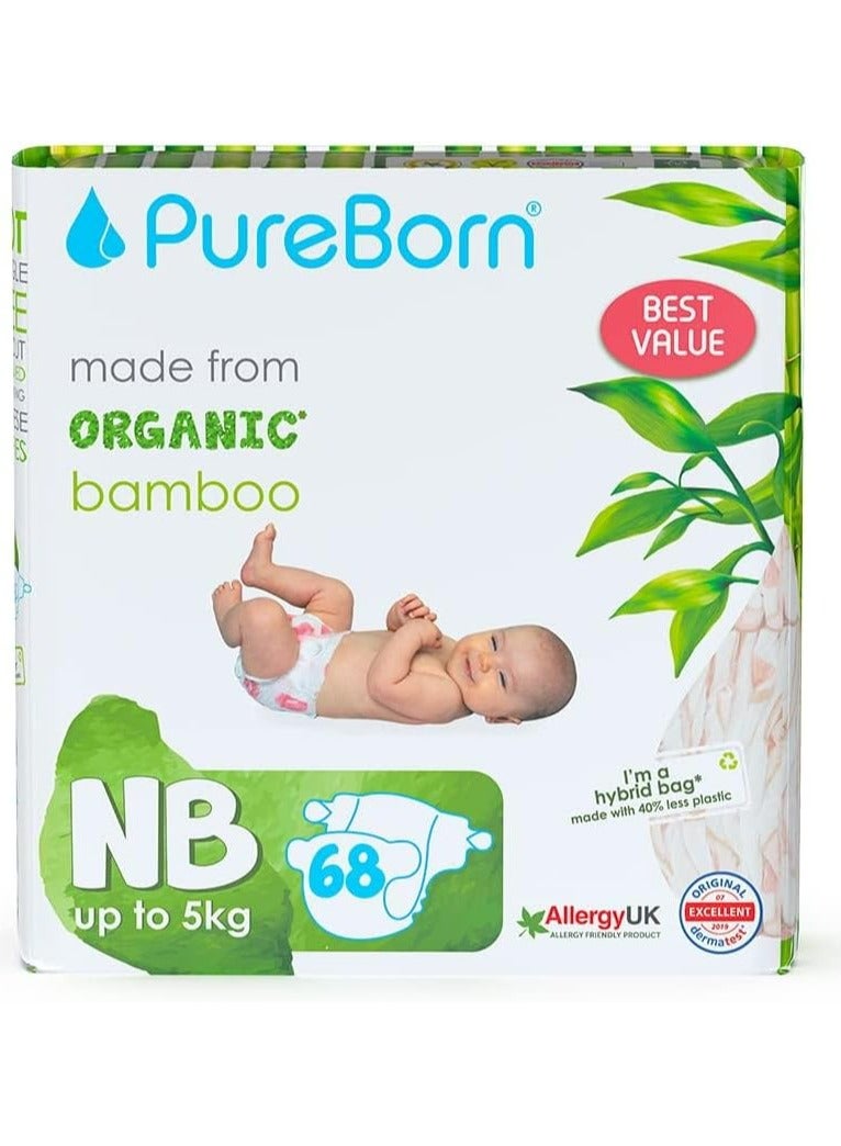 Pureborn Organic Natural Bamboo Baby Disposable Diapers Newborn From 1 to 3 Kg  68 pcs Tropic Print Value Pack Premium Super Soft Maximum Leakage protection Eco friendly Nappies NB Essentials