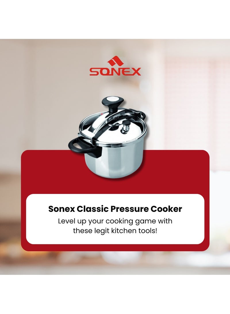 Sonex Classic Pressure Cooker, Manual Pressure Cooker, Safety Valve, Kitchen Cooking Ware, Heat Resistant Side Handle, Higher Pressure and Faster Cooking, 5 Liters Capacity, Metal Finish, 24cm.