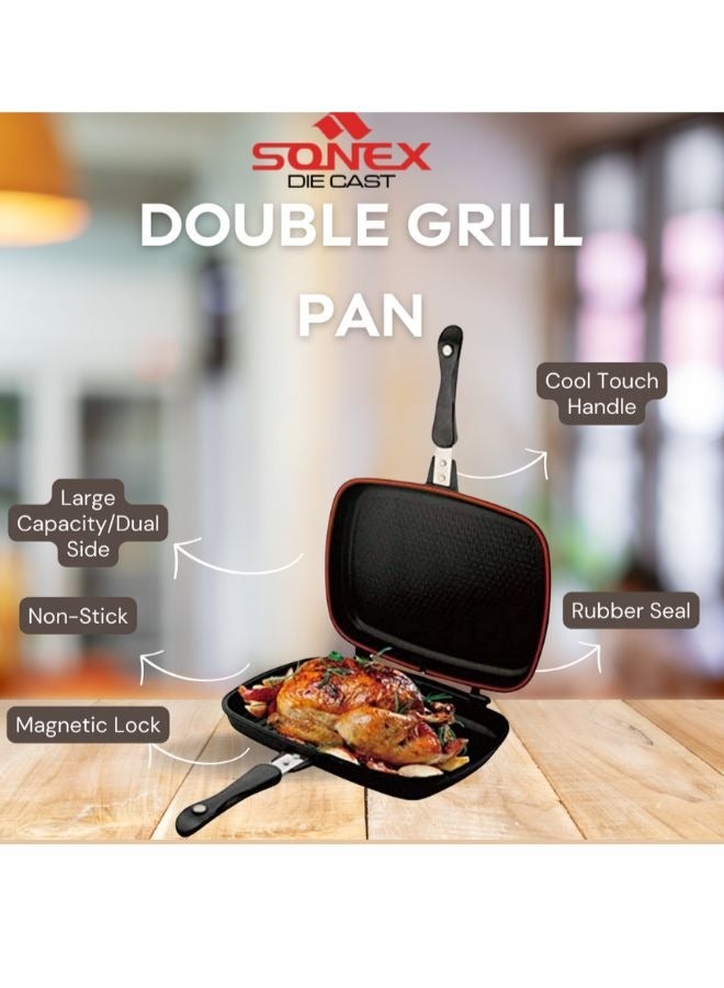 Sonex Diecast Double Grill Pan, Marble Coated With Bakelite Handles, Premium Die-Cast Cookware, Extra Rubber Seal, Korean Technology, Ceramic Coating, Comes With Magnetic Lock 30 cm.