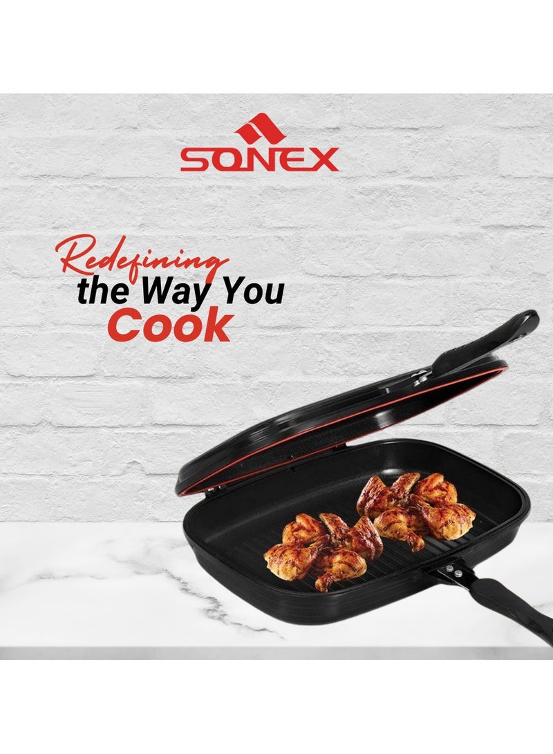 Sonex Diecast Double Grill Pan, Marble Coated With Bakelite Handles, Premium Die-Cast Cookware, Extra Rubber Seal, Korean Technology, Ceramic Coating, Comes With Magnetic Lock 30 cm.
