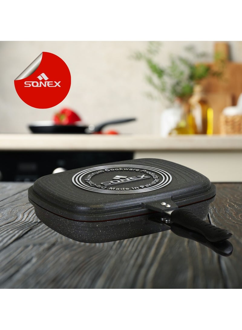 Sonex Diecast Double Grill Pan, Bakelite Handles, Double Coated Grill Pan, Premium Die-Cast Cookware, Extra Rubber Seal, Korean Technology, Ceramic Coating, Comes With Magnetic Lock .