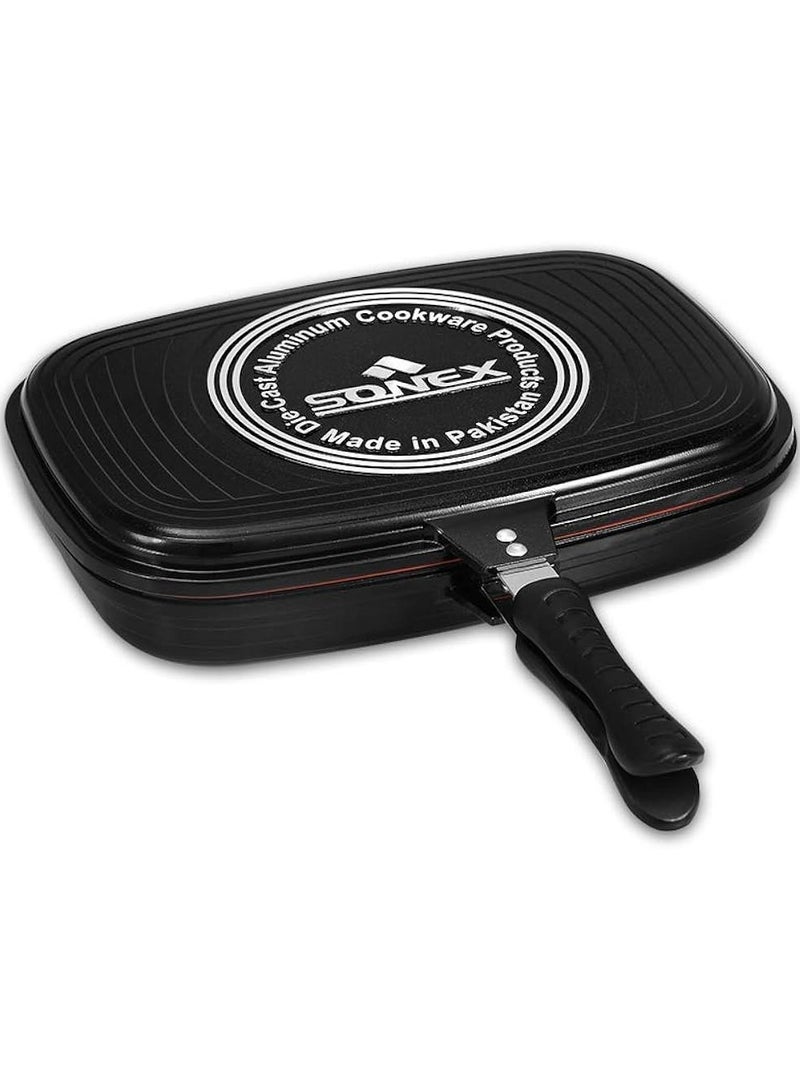 Sonex Diecast Double Grill Pan, Bakelite Handles, Double Coated Grill Pan, Premium Die-Cast Cookware, Extra Rubber Seal, Korean Technology, Ceramic Coating, Comes With Magnetic Lock .