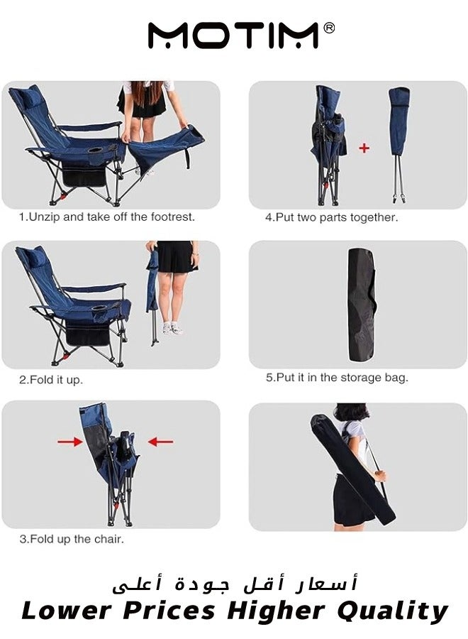 Folding Camping Chairs with Headrest Cup Holders Storage Bag Lightweight Camping Chairs with Foot Rest Portable Reclining Camping Chair for Camping BBQ Fishing Picnics Outdoor Blue