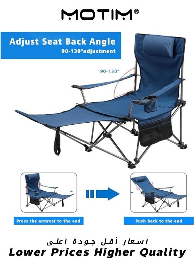 Folding Camping Chairs with Headrest Cup Holders Storage Bag Lightweight Camping Chairs with Foot Rest Portable Reclining Camping Chair for Camping BBQ Fishing Picnics Outdoor Blue