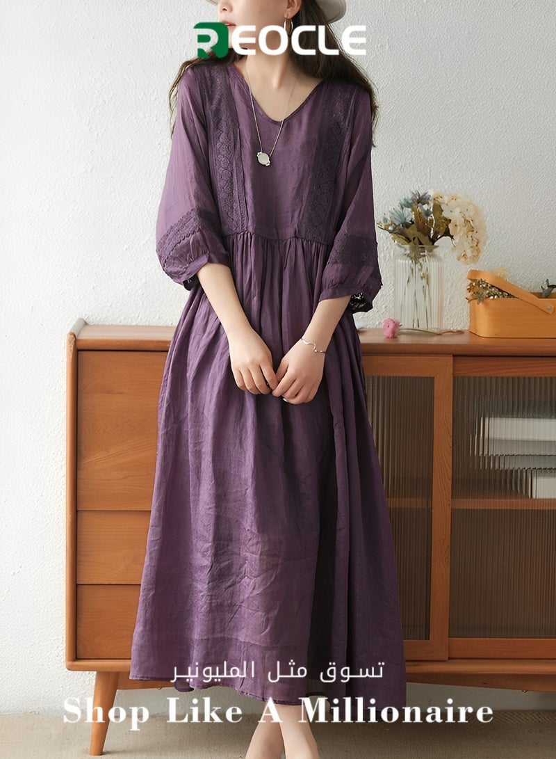 Long Dress Comfortable Fashionable And Simple Three-quarter Sleeves Artistic Style Lace-up Dress Long V-neck Fresh