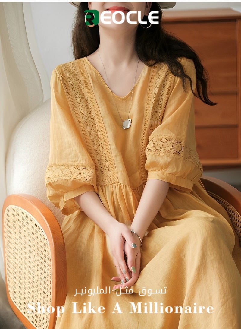 Long Dress Comfortable Fashionable And Simple Three-quarter Sleeves Artistic Style Lace-up Dress Long V-neck Fresh