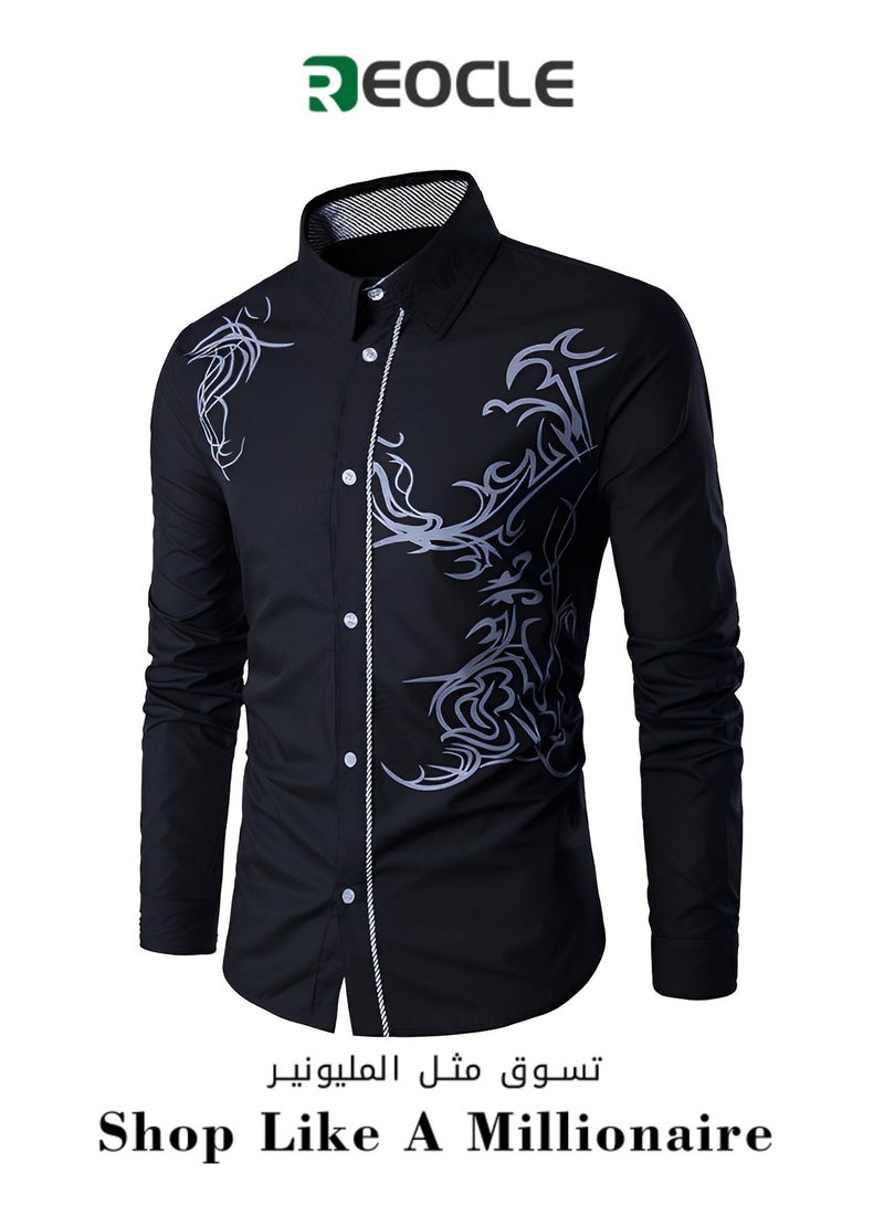 Men's Shirt Cardigan Spring and Autumn Men's Ethnic Style Printed Shirt Trendy Casual Long-sleeved Shirt