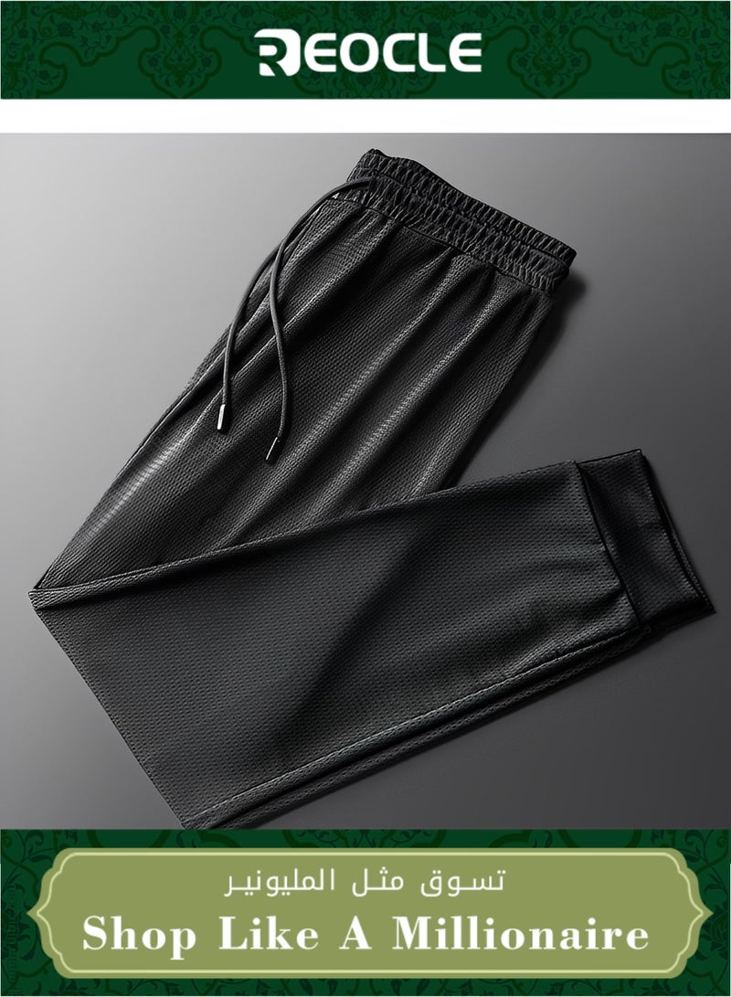 Men's Summer Cool Breathable Slim Foot-binding Ice Silk Anti-Wrinkle High-elastic Sports Pants Black 110*75