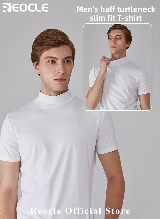 Men's T Shirt Short Sleeve Basic Turtleneck Slim Fit Undershirt Pullover Solid Tops Thin Lightweight Tees Sport Shirt
