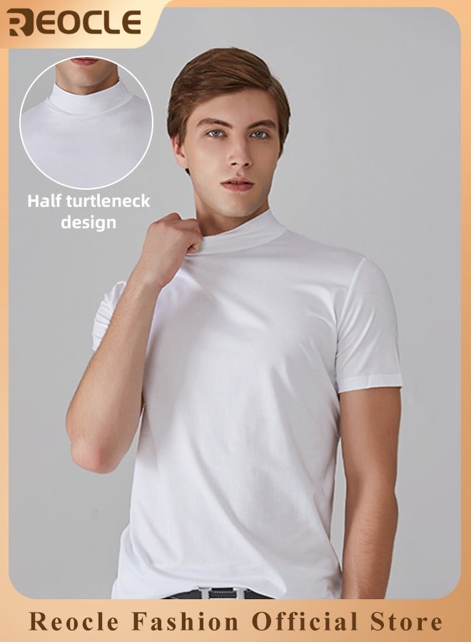 Men's T Shirt Short Sleeve Basic Turtleneck Slim Fit Undershirt Pullover Solid Tops Thin Lightweight Tees Sport Shirt