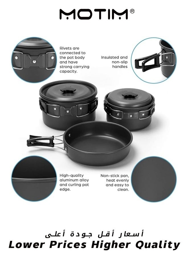 15pcs Camping Cookware Mess Kit Non-Stick Lightweight Pot Pan Kettle Set with Stainless Steel Cups Plates Forks Knives Spoons for Camping Backpacking Outdoor Cooking and Picnic