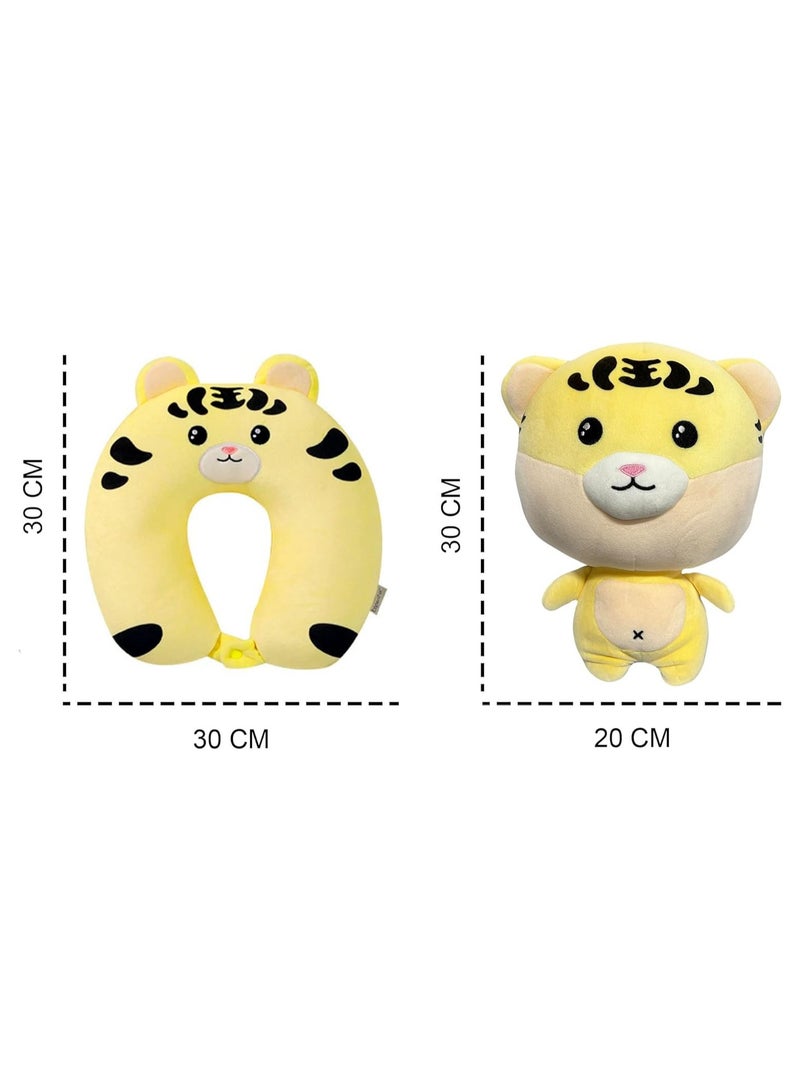 Kids Travel Pillow - 2-in-1 Deformable Kids Neck Pillow for Traveling, Soft U-Shaped Pillow with Adorable Animal Design, Comfy Sleep and Play, Ideal for Airplanes and Cars (Tiger)
