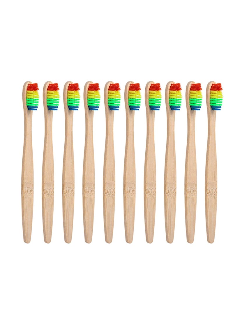 Manual Toothbrush, Bamboo Toothbrushes, Family Soft Wooden Natural Toothbrush, Biodegradable Eco Friendly Tooth Brush for Adults Travel Toothbrush, Rainbow Color, Pack of 10