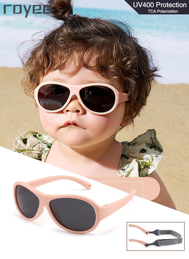 Fashion Oval Polarized Sunglasses for baby Girls Boys UV400 Protection For Beach Holiday Sun Glasses with Flexible Silicone Frame and Elastic Strap for Baby Age 0-3 - Pink Frame