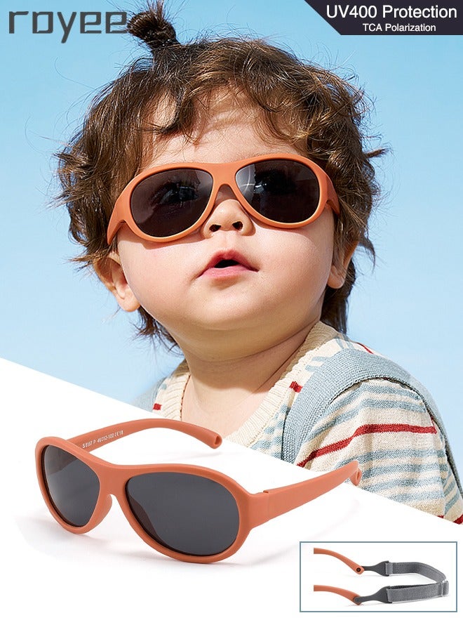 Fashion Oval Polarized Sunglasses for baby Girls Boys UV400 Protection For Beach Holiday Sun Glasses with Flexible Silicone Frame and Elastic Strap for Baby Age 0-3-Orange Frame