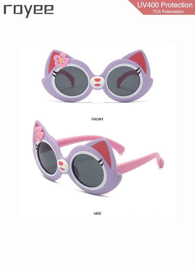 2 Pack New children's Cartoon Cat sunglasses, polarized foldable sunglasses, UV400 protection sunglasses for Age 2-4 6-8 10-12 Boys Girls boys and girls，TPEE Frame - Pink and Purple