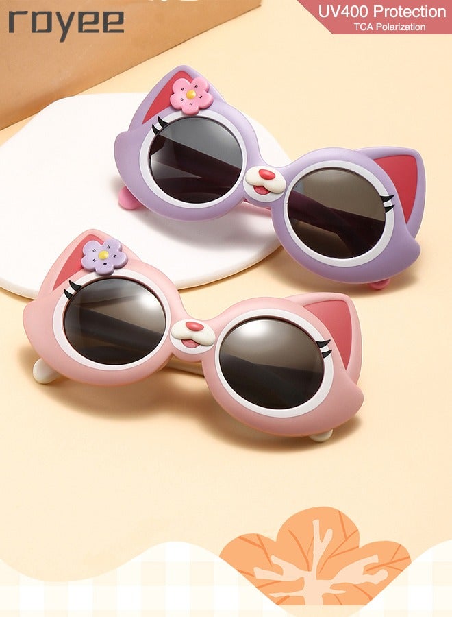 2 Pack New children's Cartoon Cat sunglasses, polarized foldable sunglasses, UV400 protection sunglasses for Age 2-4 6-8 10-12 Boys Girls boys and girls，TPEE Frame - Pink and Purple