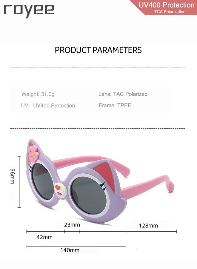 2 Pack New children's Cartoon Cat sunglasses, polarized foldable sunglasses, UV400 protection sunglasses for Age 2-4 6-8 10-12 Boys Girls boys and girls，TPEE Frame - Pink and Purple