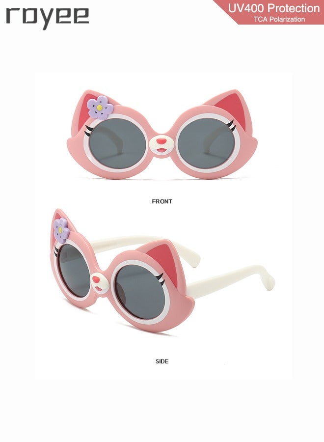 2 Pack New children's Cartoon Cat sunglasses, polarized foldable sunglasses, UV400 protection sunglasses for Age 2-4 6-8 10-12 Boys Girls boys and girls，TPEE Frame - Pink and Purple