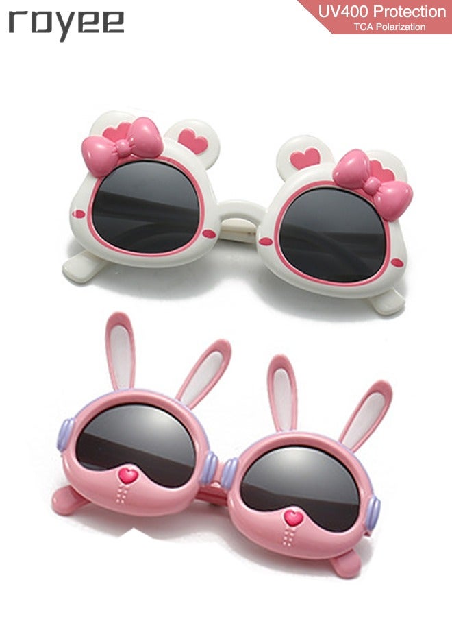 2 Pack New children's Rabbit sunglasses, polarized foldable sunglasses, UV400 protection sunglasses for Age 2-4 6-8 10-12 Boys Girls boys and girls，TPEE Frame - White and Pink