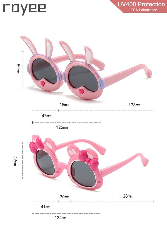 2 Pack New children's Rabbit sunglasses, polarized foldable sunglasses, UV400 protection sunglasses for Age 2-4 6-8 10-12 Boys Girls boys and girls，TPEE Frame - White and Pink