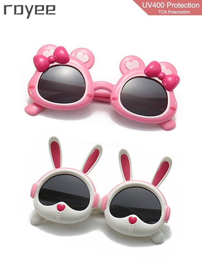 2 Pack New children's Rabbit sunglasses, polarized foldable sunglasses, UV400 protection sunglasses for Age 2-4 6-8 10-12 Boys Girls boys and girls，TPEE Frame -  Pink and White