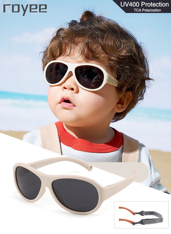 Fashion Oval Polarized Sunglasses for baby Girls Boys UV400 Protection For Beach Holiday Sun Glasses with Flexible Silicone Frame and Elastic Strap for Baby Age 0-3 - Beige Frame