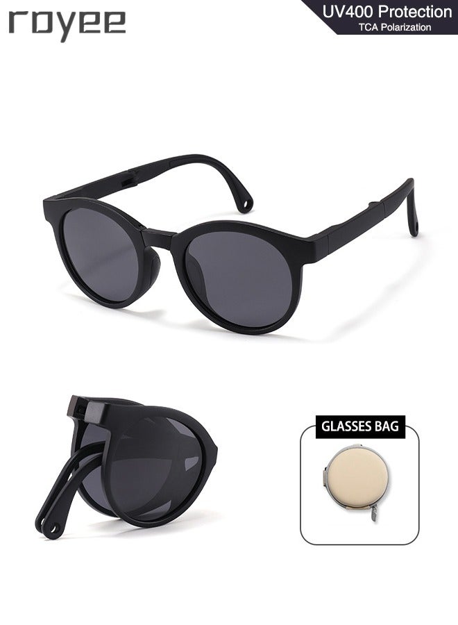 New children's foldable sunglasses, polarized foldable sunglasses, sun protection sunglasses for Age 2-4 6-8 10-12 Boys Girls boys and girls，Super light Resin Frame - Matte Black