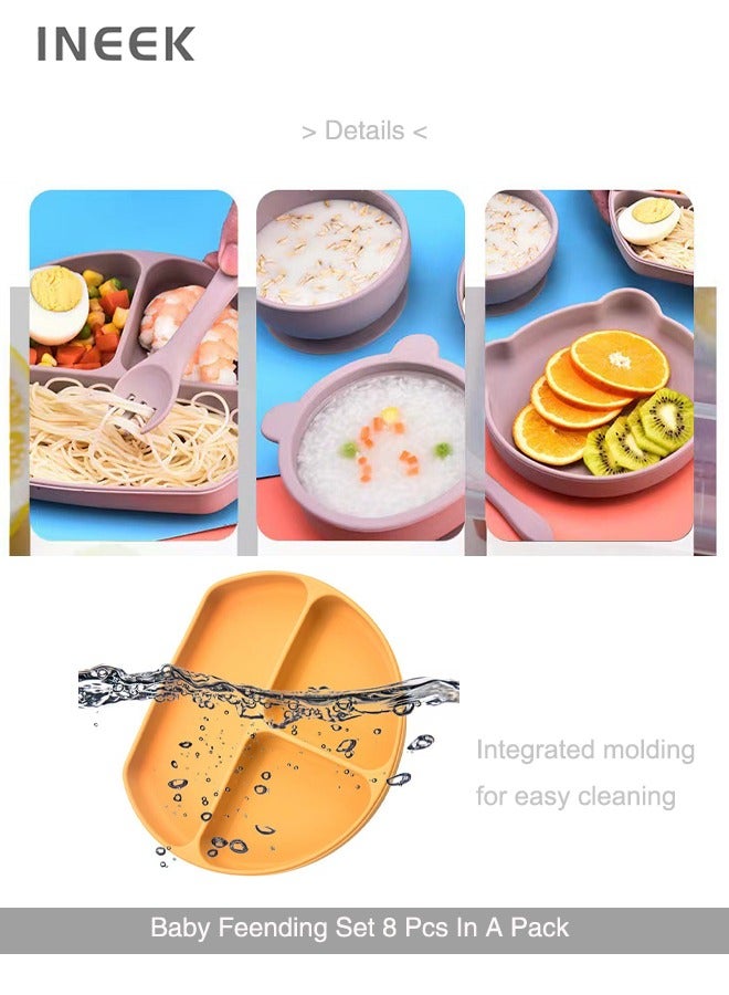 8pcs Silicone Baby Feeding Set, Baby Led Weaning Supplies with Suction Bowl Divided Plate, Toddler Self Feeding Dish Set with Spoons Forks And Cup Adjustable Bib, Eating Utensils for 6+ Months