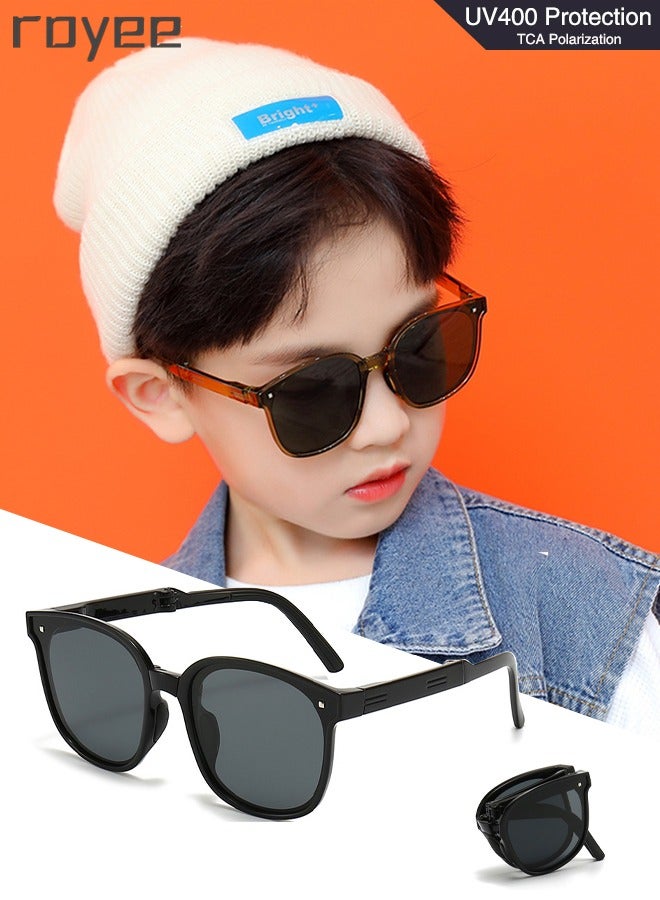 Children Square Sunglasses with Strap Polarized Flexible UV400 for Infant Toddler Boys Girls Age 3-12 Years old-Black Frame