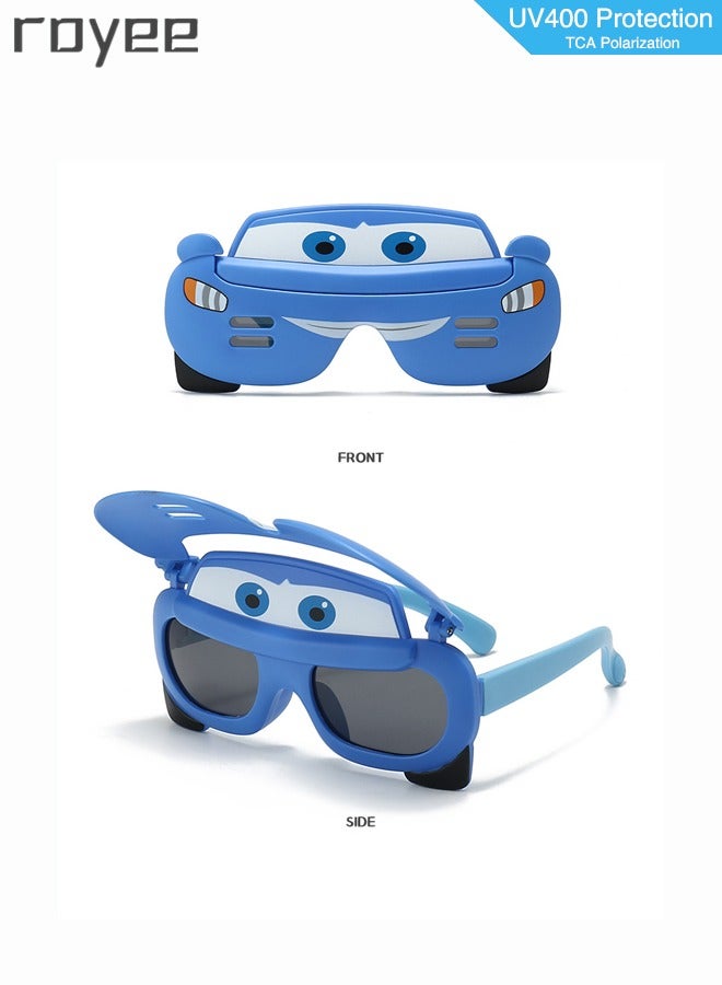 2 Pack New children's Cartoon Car sunglasses, polarized foldable sunglasses, UV400 protection sunglasses for Age 2-4 6-8 10-12 Boys,TPEE Frame - Blue and Red